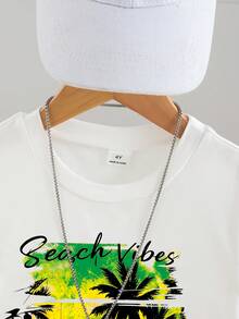SHEIN Streecool Kids 两件套男童休闲椰树标语印花短袖T恤和短裤套装，适合夏季日常休闲穿着、假日海滩度假。 - 綠色 - 查看 8