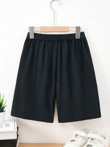 Tween Boys' Casual Everyday Commute Solid Color Elastic Waist Side Pocket Shorts, Summer - Black - View 2