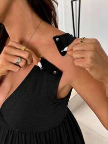 Slowluna Solid Color V-Neck Button Design Sleeveless Midi Dress - Black - View 6
