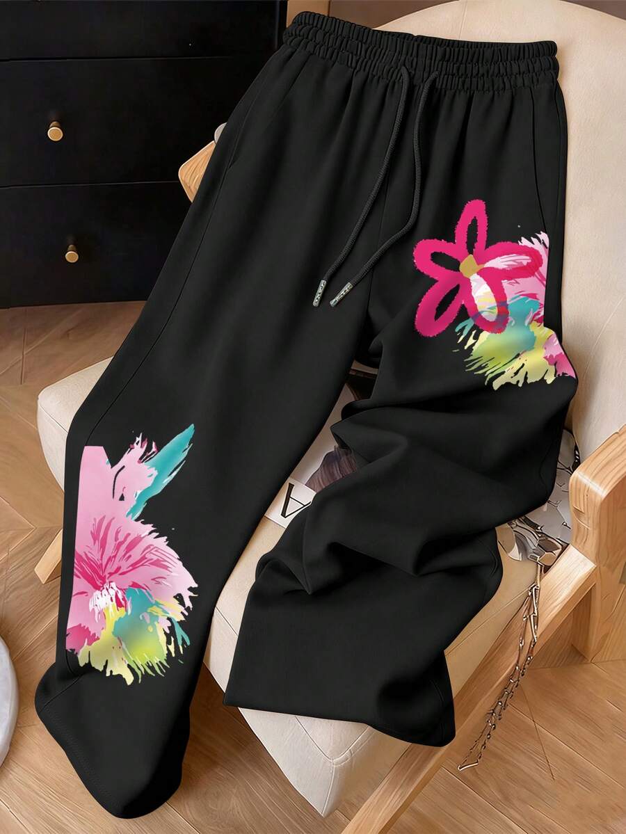 Resyla Women's Floral Print Drawstring Waist Pocket Casual Sweatpants - White - View 1