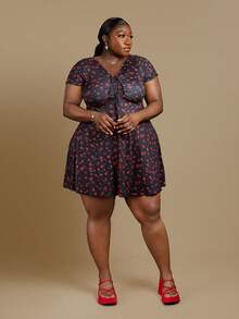 CurvyTilda Robe décontractée à manches courtes avec nœud devant, imprimé floral discret noir, élégante pour les vacances, pour les femmes grandes tailles à la silhouette en sablier - Noir - Voir 4
