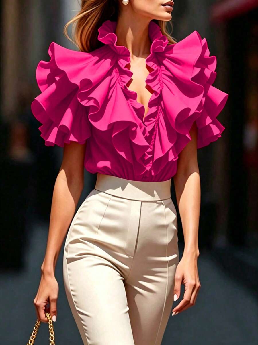 SHEIN Clasi Solid Color Fashionable Ruffle V-Neck Summer Blouse - Hot Pink - View 1