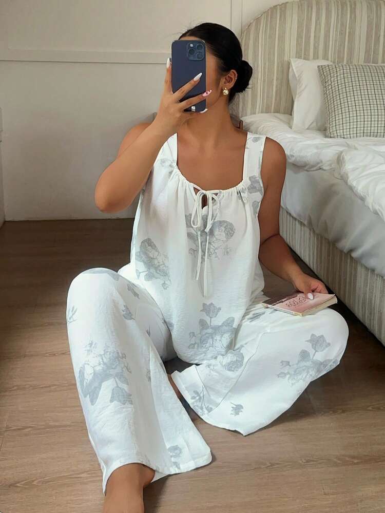Dazy Plus Elegant Floral Print 2-Piece Pajama Set, Loose Camisole Top And Long Pants, Plus Size Women Spring/Summer White Sleepwear