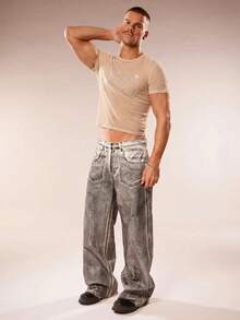 FeverCity Men's Letter Rhinestone Decor Sheer Round Neck Short Sleeve T-Shirt - Khaki - View 4