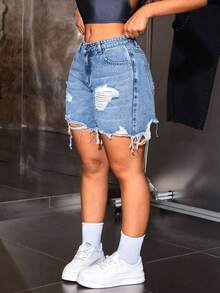 Jeanoix Quần short denim nữ cỡ lớn, rách gối, gấu quần tua rua, kiểu dáng thường ngày. - Màu xanh lam - Xem 4