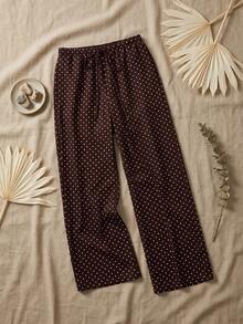 SHEIN Tall Quần dài màu nâu, quần mùa đông, quần Giáng sinh, quần năm mới, quần dệt chấm bi nâu, quần ống rộng thắt eo dành cho nữ, quần chấm bi nâu, quần chấm bi nâu, quần mùa thu, quần áo mùa thu cho nữ, quần áo mùa đông cho nữ - Cà phê nâu - Xem 9