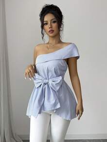 Elenzga Women's Striped One-Shoulder Shirt With Waist Bow Decor - Blue - View 4