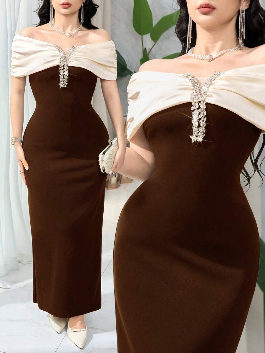 Feyla Gaun Panjang Elegan Wanita dengan Desain Bahu Terbuka Berkerut dan Hiasan Kristal, Warna Cokelat dan Krem Formal untuk Musim Panas - Coffee Brown - View 1