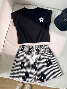 SHEIN Sparklyn 两件套少女碎花修身白色短袖T恤上衣和宽松短裤套装，夏季服装 - 黑色 - 查看 4