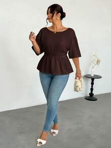 Firerie Blusa de moda con lazo decorativo en la espalda, unicolor, talla grande para mujer - Café integral - Ver 5