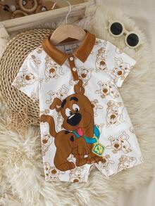 SCOOBY-DOO X SHEIN 男婴卡通印花短袖Polo领连体衣 - 棕色 - 查看 3