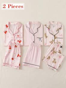 Bộ đồ ngủ 2 món cho bé gái, ngọt ngào, dễ thương, thanh lịch, thoải mái, tối giản, thời trang, mềm mại, thoáng khí, màu hồng hoạt hình, in hình dâu tây và nơ, chất liệu giả lụa, gồm áo cardigan cổ bẻ tay ngắn và quần short. - Nhiều màu - Xem 1