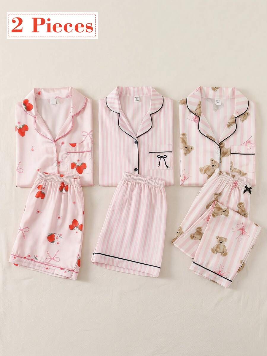Bộ đồ ngủ 2 món cho bé gái, ngọt ngào, dễ thương, thanh lịch, thoải mái, tối giản, thời trang, mềm mại, thoáng khí, màu hồng hoạt hình, in hình dâu tây và nơ, chất liệu giả lụa, gồm áo cardigan cổ bẻ tay ngắn và quần short. - Nhiều màu - Xem 1