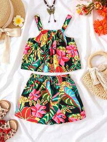 SHEIN Playful Pals 2件套婴幼儿男女通用热带印花吊带背心和短裤套装，适合0-3岁宝宝，女婴夏季服装，女婴套装，婴儿服装，适合户外、休闲、度假的婴儿休闲套装 - 黑色 - 查看 3