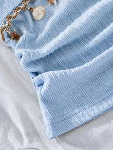 Tween Girl Solid Color Shell Decor Halter Top And Shorts Casual Set - Blue - View 3