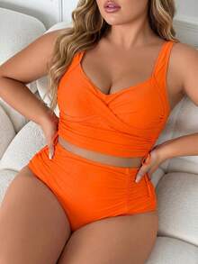 SHEIN CURVE+ 2026新款加大码女士橙色吊带运动休闲泳衣，适合夏季海滩度假 - 橘色 - 查看 3