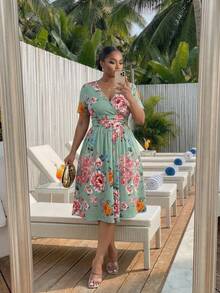 SHEIN CURVE+ Plus Size Wrap Collar Cinched Waist Printed A-Line Dress With Pockets - Multicolor - View 4