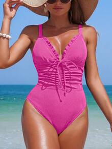 Swim Lushoire Women's Solid Color V-Neck Sleeveless Ruffled Hem Bodycon Dress, Summer Vacation Beach Hot Pink Sexy Tropical - Hot Pink - View 4