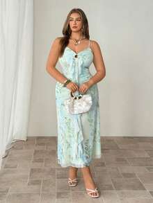 Auralis Spaghetti Strap V-Neck High-Elastic Light Blue Mesh Gradient Bodycon Dress / Elegant Vacation Style Vacation Summer - Mint Green - View 4
