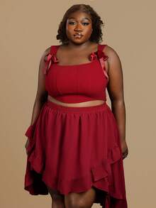 CurvyTilda Plus Size Women's Vintage Burgundy Ruffle Hem Skirt And Burgundy Crop Top 2 Piece Set.Christmas And New Year Outfits, Autumn And Winter Outfits - Burgundy - View 4