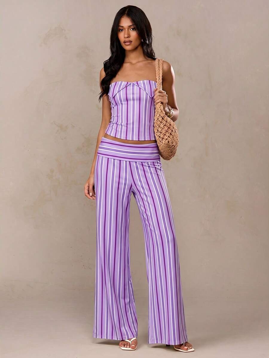 SHEIN BAE Quần ống đứng kẻ sọc dáng casual dành cho nữ, đa năng cho trang phục hàng ngày. - Màu tím - Xem 1