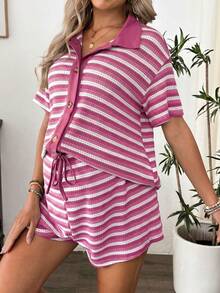 SHEIN 2 piezas Conjunto de maternidad - Camisa a rayas degradadas con pantalones cortos con cordón elástico en la cintura - Rosa Fucsia - Ver 1