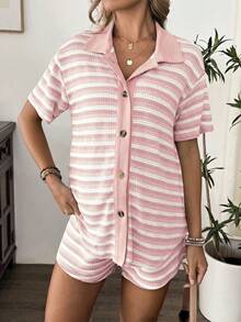 SHEIN 2pcs Maternity Outfit - Ombre Pink Shirt And Drawstring Waist Shorts Set Photoshoot Summer Casual - Pink - View 5