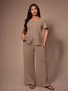 Lazeform Women's Casual Textured Striped Jacquard Round Neck Cardigan Short Sleeve Pants Pajama Set, Plus Size Lounge Brown Summer - Coffee Brown - View 1