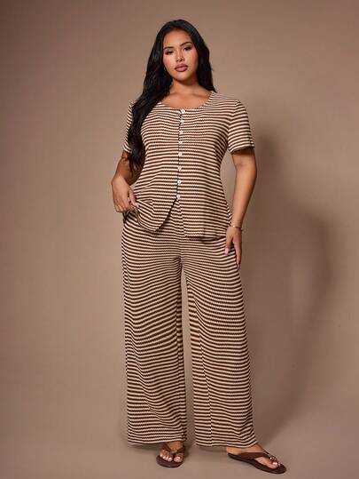 Lazeform Women's Casual Textured Striped Jacquard Round Neck Cardigan Short Sleeve & Pants Pajama Set, Plus Size