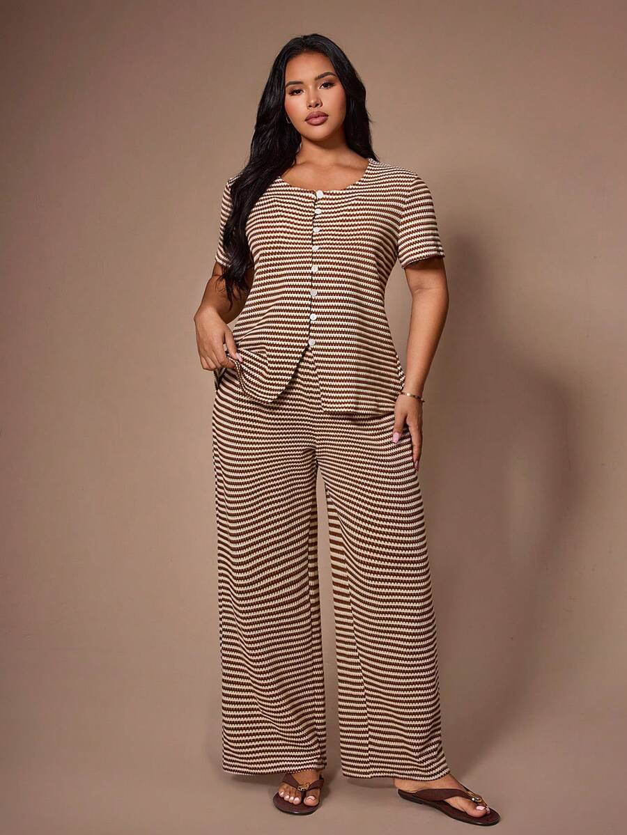 Lazeform Women's Casual Textured Striped Jacquard Round Neck Cardigan Short Sleeve Pants Pajama Set, Plus Size Lounge Brown Summer - Coffee Brown - View 1