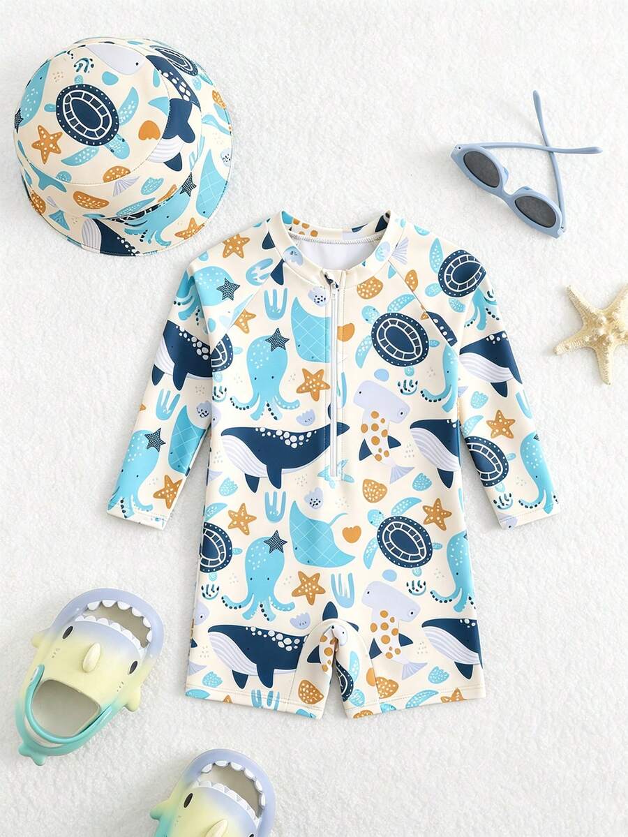 SHEIN Infant/Baby BoyWhale Print Long Sleeve Rash Guard Swimsuit With Sun Protection Wide Brim Hat - Multicolor - View 1