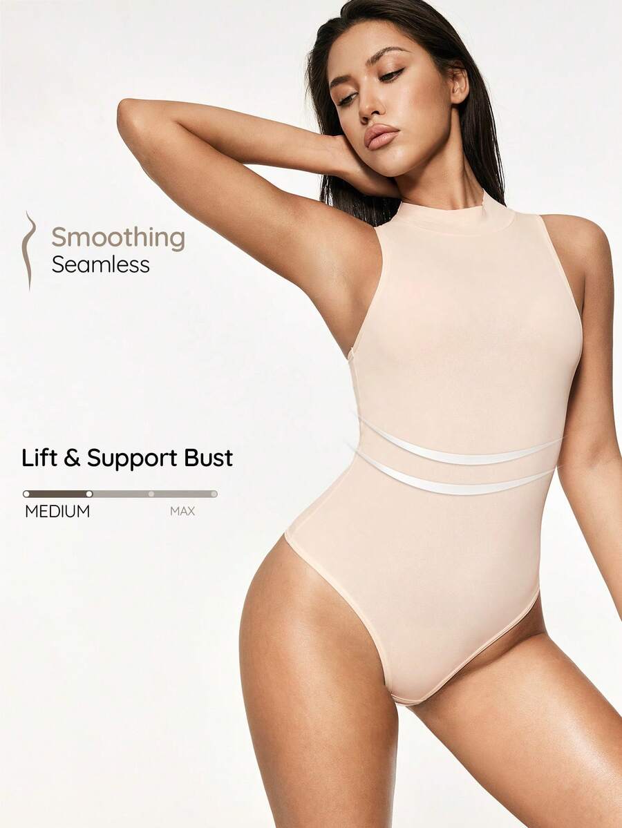 SHAPORA Women's Sleeveless Solid Color Bodysuit, Comfortable And Slimming, Suitable For Summer - Apricot - View 1