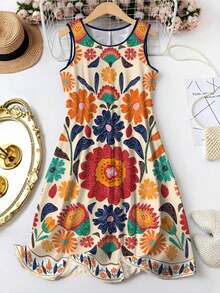 EMERY ROSE Colorful Boho Floral Printed Sleeveless Round Neck Knee-Length Women's Vacation Dress A-Line Dress,Casual Geometric Print Tank Dress Summer Women Outfit Sundress Beach Women Outfit - Multicolor - View 1