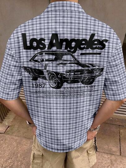 Manfinity EMRG Letter & Plaid Print Men's Casual Short Sleeve Cropped Shirt