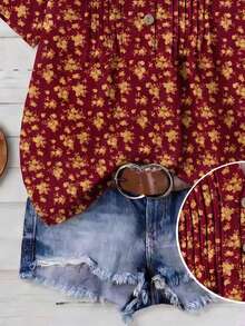 SHEIN LUNE Plus Size Floral Print Cutout Collar Casual Short Sleeve Shirt, Summer - Red - View 4