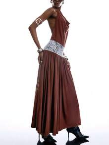 LYSMO 2026 New Arrive Minimalism Spring/Summer Women's Lace Patchwork Ruffle Casual Party Midi Dress Summer Outfits Festival Outfits For Women Elegant Party Dress  Brown Dress - Coffee Brown - View 5