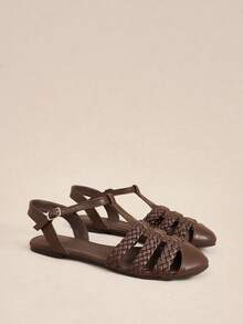 Rosivie Women's Summer Casual/Commute/Vacation Woven Hollow-Out Flat Sandals Summer Shoes - Coffee Brown - View 4