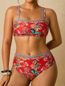 Travachic Bộ bikini cỡ lớn dành cho nữ, thích hợp cho kỳ nghỉ hè ở bãi biển, in hoa, hở lưng và buộc dây phía trước. - Nhiều màu - Xem 1