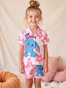 2pcs Young Girl' Colorful Unicorn Pattern Cardigan Short Sleeve Top And Shorts Comfortable Pajama Set - Multicolor - View 2