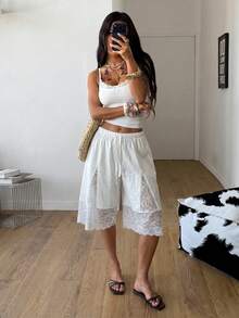 Coolane Women's Summer Concert Outfit Rave Festival Renaissance Fair Vacation Boho 100%Cotton Contrast Lace Comfortable White Crotch Pants - White - View 2