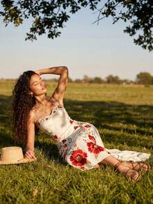 CAJUNI Red And Green Arabic Floral Print Midi-Length Spaghetti Strap Dress - Multicolor - View 5