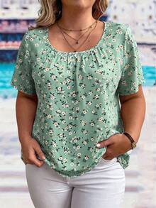 EMERY ROSE Plus Size Women Floral Print Ruffle Short Sleeve Fashionable Blouse - Green - View 4