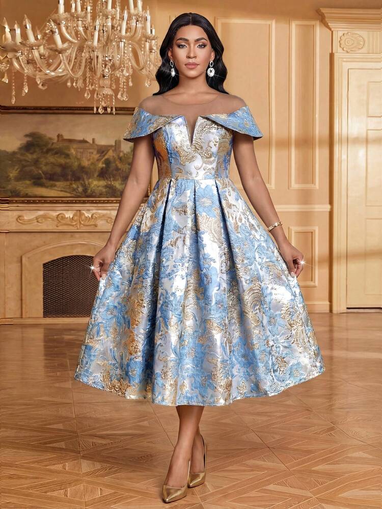 metallic dress shein SHEIN Blue Jacquard Metallic Off Shoulder A-Line Midi Dress Women's Wedding Guest Cocktail Flared Hem Cold Shoulder High Waist Woven Fabric,M