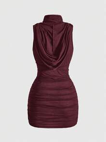 ROMWE Grunge Punk Y2K Retro Apocalyptic Hooded Draped Bodycon Mini Dress For Women - Brown - View 2