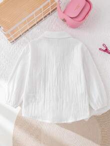 SHEIN LMoss Kids 女嬰白色紋理寬鬆版型領口長袖襯衫，返校季 - 白色 - 查看 2