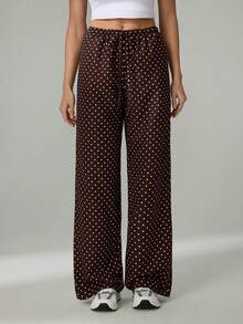 SHEIN Tall Quần dài màu nâu, quần mùa đông, quần Giáng sinh, quần năm mới, quần dệt chấm bi nâu, quần ống rộng thắt eo dành cho nữ, quần chấm bi nâu, quần chấm bi nâu, quần mùa thu, quần áo mùa thu cho nữ, quần áo mùa đông cho nữ - Cà phê nâu - Xem 2