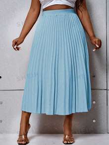 SHEIN Clasi Rok Kasual Lipit Pinggang Tinggi Warna Polos untuk Wanita Ukuran Plus (Musim Gugur) - Biru - View 4