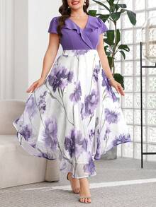 Reflora 大码女士优雅印花连衣裙，夏季婚礼宾客礼服 - 彩色 - 查看 9