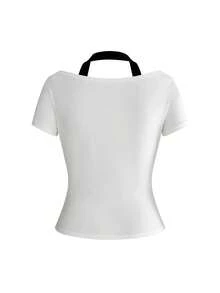 ROMWE Kawaii Plus Size Women Y2K Cute Cat Pattern Halter Neck Embroidered Boat Neck T-Shirt - White - View 2