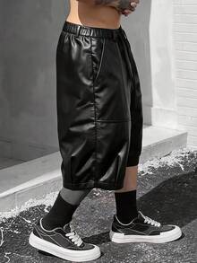 SLATEMANN Men's Black PU Leather Shorts, Fashionable Casual Versatile Bermuda Shorts, Rivet Design - Black - View 3